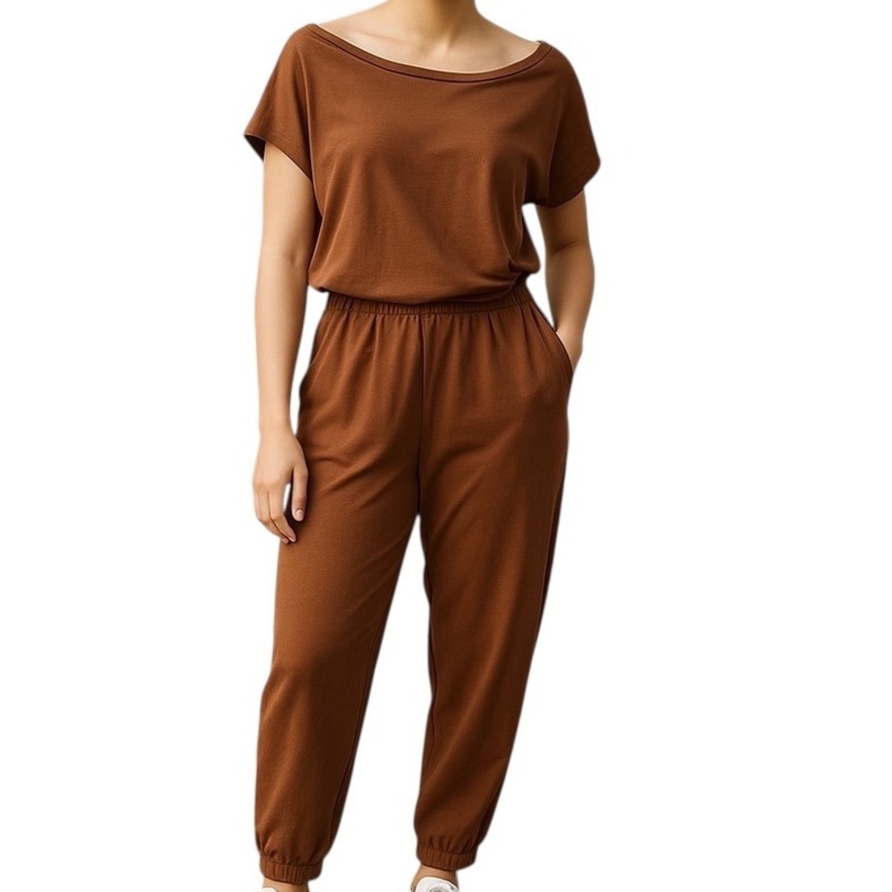 Anga Fashion Women's Short Sleeve Ankle Tapered‎ Leg Jumpsuit Brown Size Small